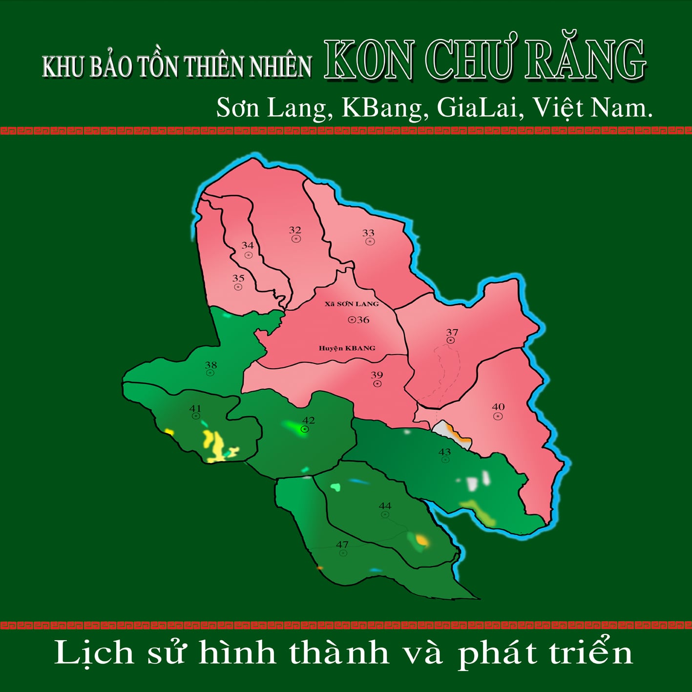 Bìa tài liệu “Lịch sử hình thành và phát triển” với bản đồ ranh giới Khu bảo tồn thiên nhiên Kon Chư Răng